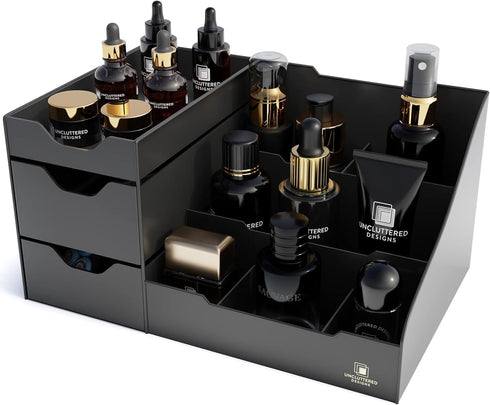 Uncluttered Designs Large Black Vanity Organizer - Countertop Mens Organizer with Drawers for Cologne & Skincare