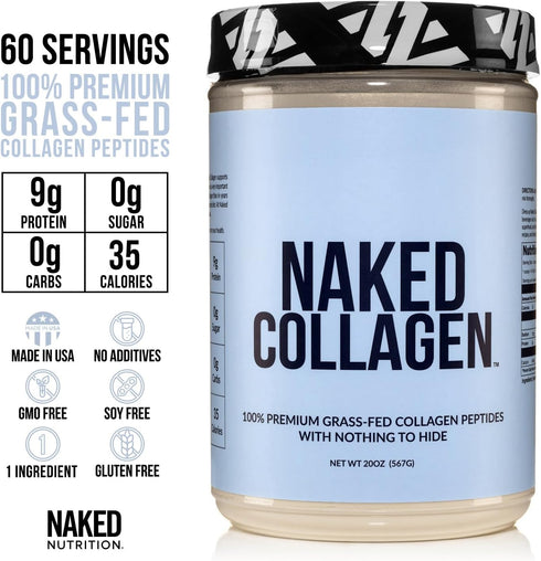 Naked Collagen Peptides Protein Powder, 60 Servings, Grass-Fed Hydrolyzed Collagen, 20oz