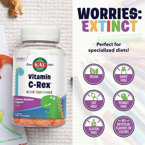 KAL Vitamin C-Rex Kids’ Gummies, Healthy Immune, Bone, Muscle & Skin Support, Vegan, Gluten Free, 60 Gummies