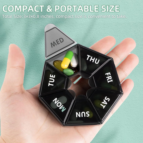 Gelibo Weekly Pill Organizer, 2 Pack Portable Travel Pill Box Dispenser, 6 Colors for Vitamins and Supplements (Black)