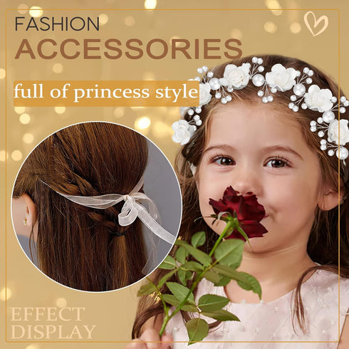 Wedding Hair Accessories for Kids, White Flower Headband Pearl Hair Dress for Girls and Flower Girls Communion