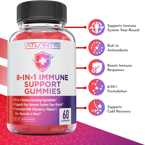 8-In-1 Immune Support Gummies with Elderberry, Zinc & Vitamin C, 60 Gummies for Adults & Kids Immune Boosters