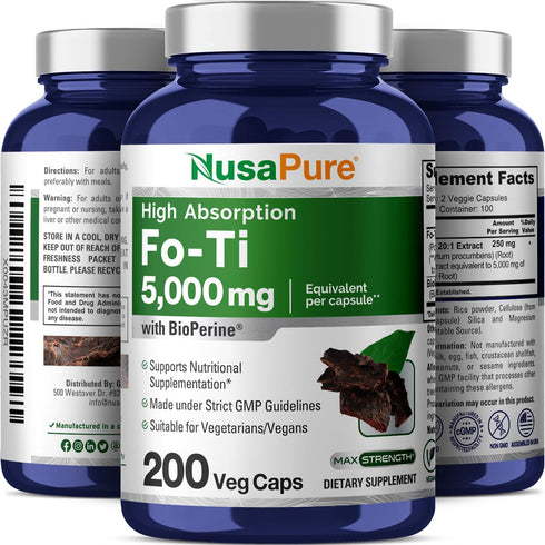 NusaPure Fo-Ti 5000mg | 200 Count | He-Shou-Wu Root | Non-GMO, Vegan, Bioperine