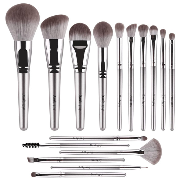 Makeup Brushes, Daubigny 16Pcs Silver Premium Synthetic Brush Set for Foundation, Powder, Concealers, Eye Shadows