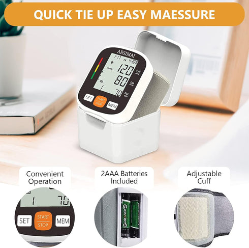 Automatic Wrist Blood Pressure Monitor with Adjustable Cuff, 2AAA Battery, Storage Case, Irregular Heartbeat Detector