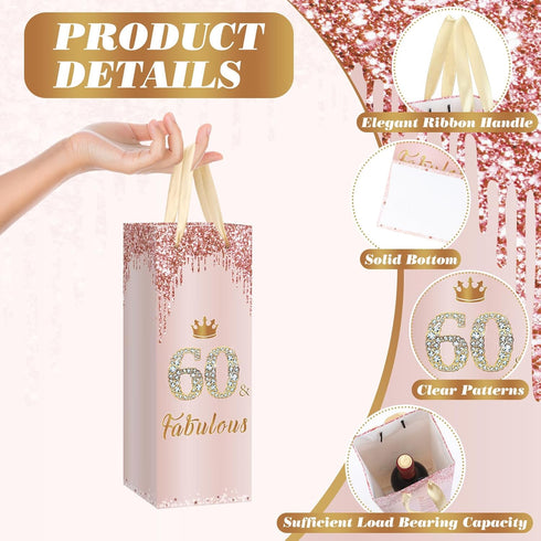 Yoirrat 60th 60 60 Birthday Wine Gift Bag for Women with Tissue Paper Card Rose Gold & Fabulous Decorations Large
