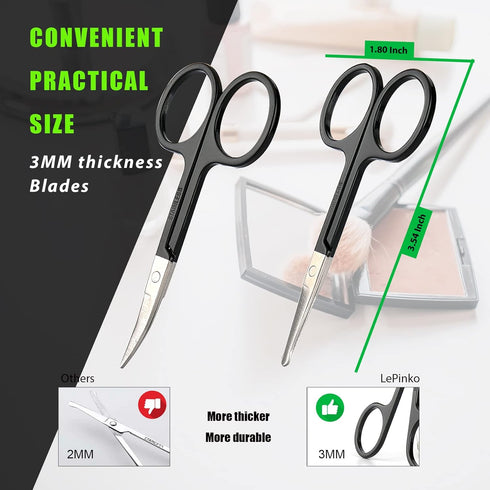 Small Facial Hair Grooming Scissors for Men Women - 2PCS Black Eyebrow, Nose Hair, Mustache, Beard Trimming Kit