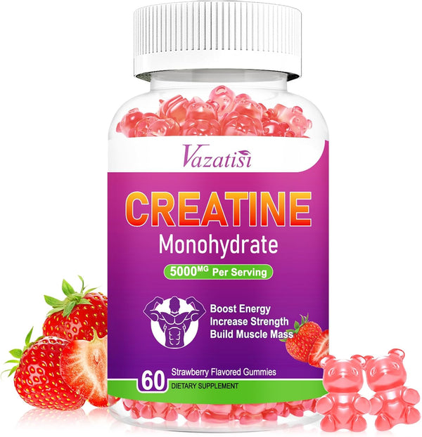Creatine Monohydrate Gummies 5g for Women & Men, 60 Count | Sugar Free Vegan Supplement, Natural Strawberry Flavor