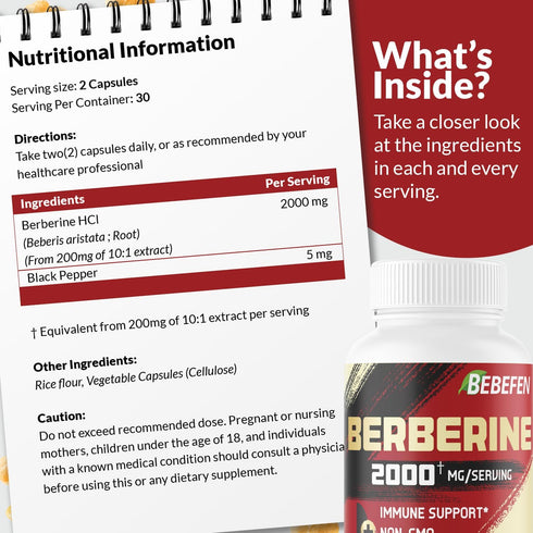 BEBEFEN Berberine HCL Supplement 2000mg - Supports Immune System, Cardiovascular Health - Non-GMO, Gluten Free