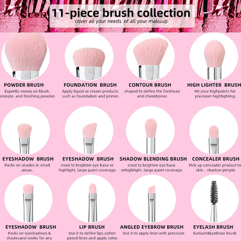 Professional Makeup Brush Set - Luxury 11pcs Silver Glitter Crystal Kit with Vegan Soft Synthetic Hair