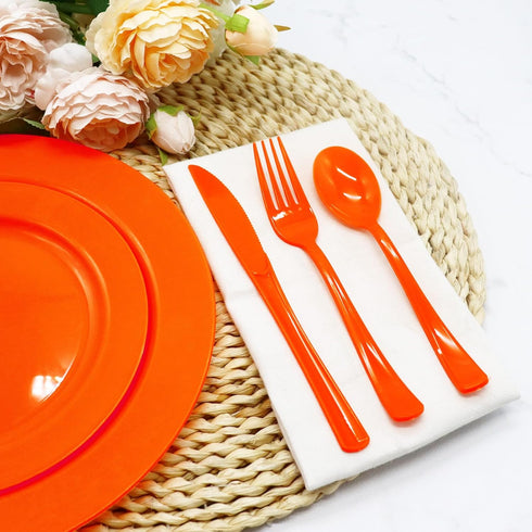 150 Pack Orange Plastic Silverware - Heavy Duty Cutlery with 50 Forks, 50 Spoons, 50 Knives for Parties