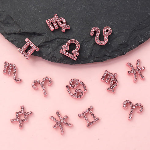 JERCLITY 24 Pieces Pink Alloy Zodiac Nail Charms, 12pcs Zodiac Signs Nail Studs, 12pcs Constellation Words Nail Charms