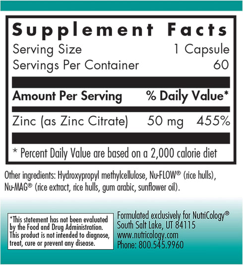 Nutricology Zinc Citrate Supplement - Zinc for Men & Women, Immune Support, Pure, Well-Absorbed, Well-Tolerated, Trace Mineral, 50mg Vegetarian Capsules - 60 Count