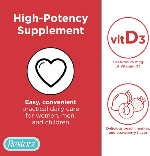 Vitamin D3 Gummies, 112 Total, 8-Pack, Peach, Mango & Strawberry Wellness Chews for Heart & Bone Support