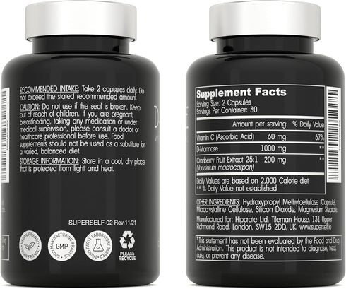 D-Mannose 1000mg Capsules, 60 Capsules, D Mannose with Cranberry Extract and Vitamin C, Vegan & Non-GMO