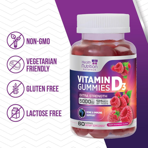 Vitamin D3 Gummies Extra Strength 5000 IU (125 mcg), 60 Gummies - Bone, Teeth, Muscle & Immune Support