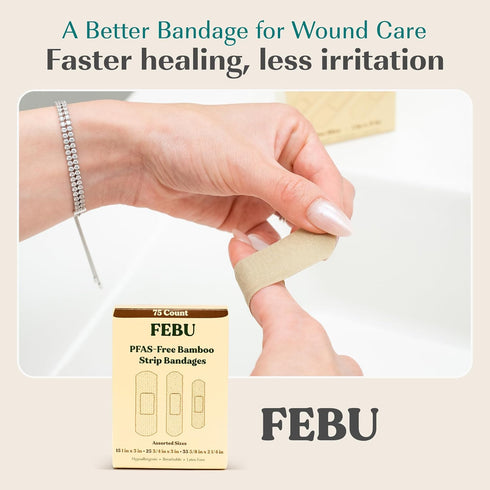 FEBU Eco-Friendly Bamboo Fabric Bandages, PFAS Free, Natural Hypoallergenic Bandages, 75 Count