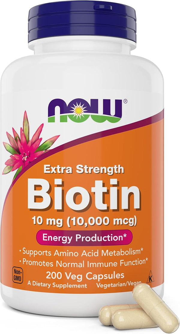 NOW Foods Extra Strength Biotin 10000mcg / 10 mg - 200 Count - Hair, Skin, Nail Supplement for Men and Women