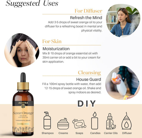Avatra Orange Essential Oil for Diffuser, Skin, Aromatherapy | Natural & Undiluted | 3.38 Fl Oz with Glass Dropper