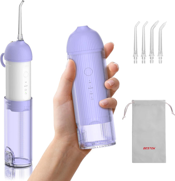 BESTEK Water Dental Flosser - Cordless Oral Irrigator with 4 Jet Tips, Rechargeable, Waterproof for Teeth Care (Violet)
