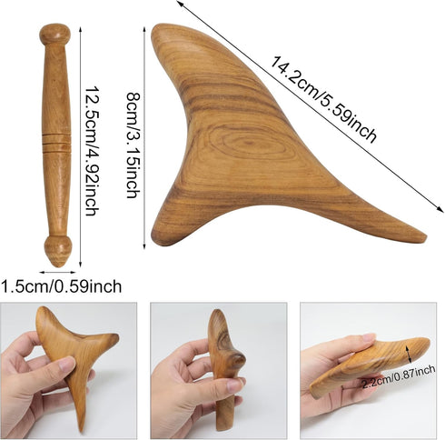 Honbay 2PCS Reflexology Tools Wood Body Massager Triangle Gua Sha Board Scraping Board Foot Massage Stick Tool Head