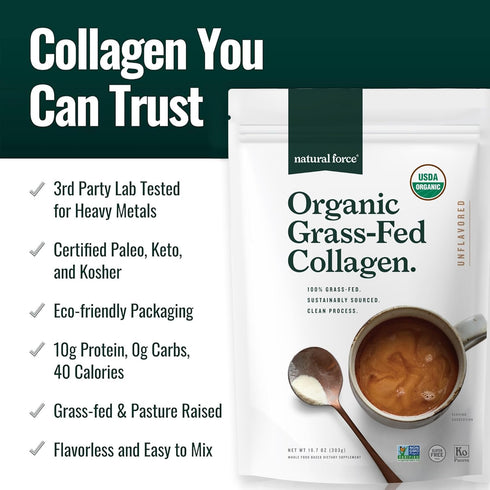 Natural Force Organic Clean Collagen Peptides Powder, USDA Certified Organic, Unflavored, 10.7oz