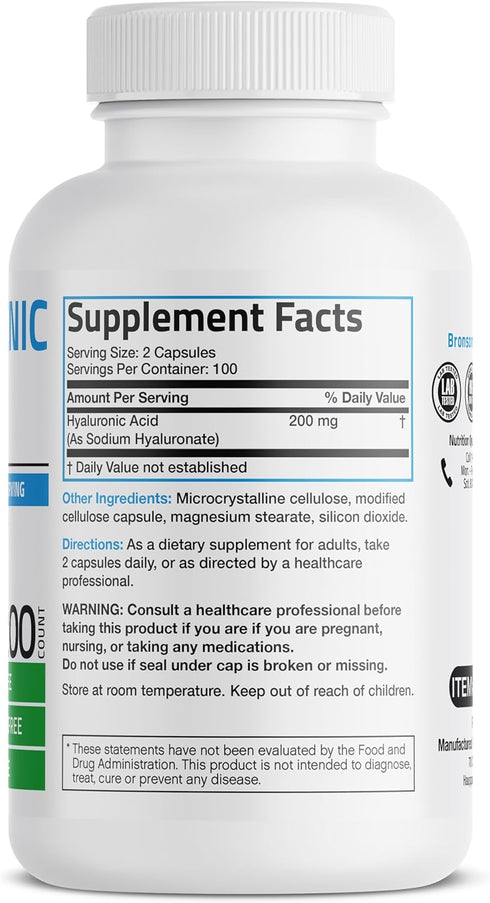 Bronson Hyaluronic Acid 200 MG High Potency Joint Health & Healthy Skin Support, Non-GMO, 200 Vegetarian Capsules