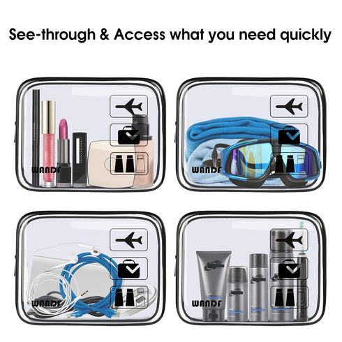 WANDF TSA Approved Toiletry Bag, 2 Packs Clear Travel Makeup Cosmetic Pouch with Zipper, Carry-On Airport Compliant