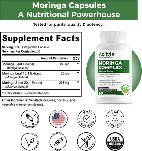 Moringa Complex with Oleifera Leaf & Seed Extract - Potent Strength 5000 mg per Serving, Green-Based Superfood