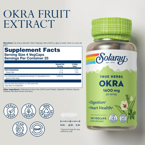 SOLARAY Okra Fruit 1600 mg - Healthy Digestion, Regularity and Heart Health Support Supplement - Soluble Fiber - Lab Verified, Vegan, 60-Day Guarantee - 25 Servings, 100 VegCaps