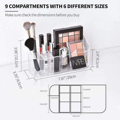 YOHOM Small Clear Makeup Organizer Tray, 9-Compartments Vanity Cosmetic Brush Holder Storage Box with 2 Dividers
