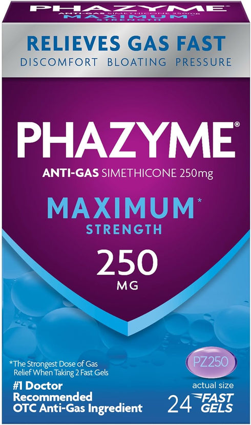 Phazyme Gas Relief, Maximum Strength for Adults, 250 mg Simethicone Fast Gels, 24 Count.