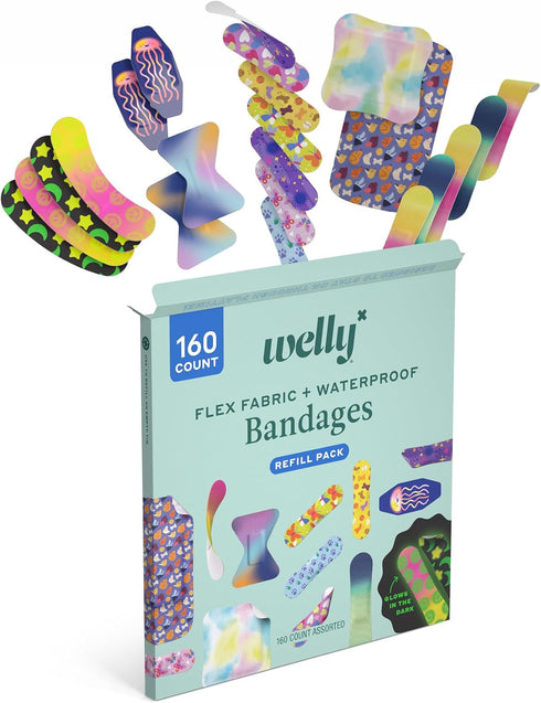 Pack 160 Count Welly Bandage Large Refill | Adhesive Flexible Fabric, Glow-in-the-Dark & Waterproof Bandages | Assorted