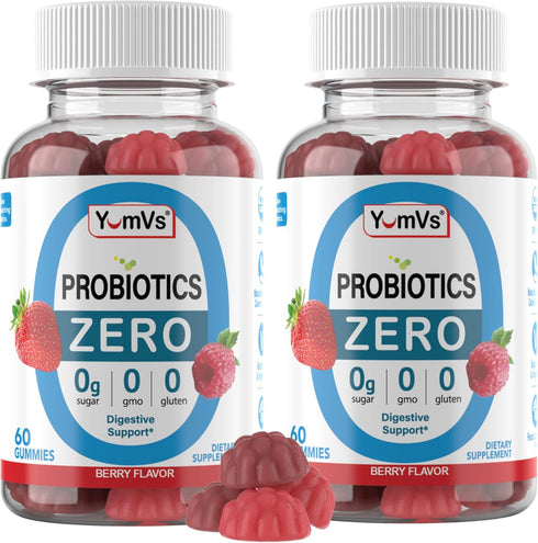 YUM-V'S Zero Sugar Probiotic Gummies, 60ct Sugar Free Digestive Health Supplements for Women, Men & Kids