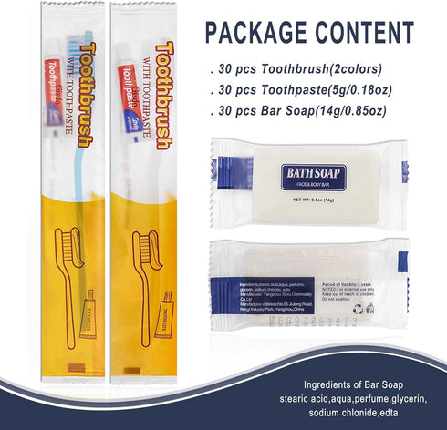 30 Pack Disposable Toothbrushes with Toothpaste and Soap, Individually Wrapped, 2 Colors, Hotel Travel Size
