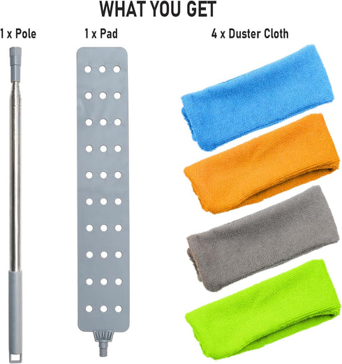 Retractable Dust Cleaner Brush with 4 Replacement Duster Cloths, 100-inch Extendable Pole for Cleaning Under Furniture