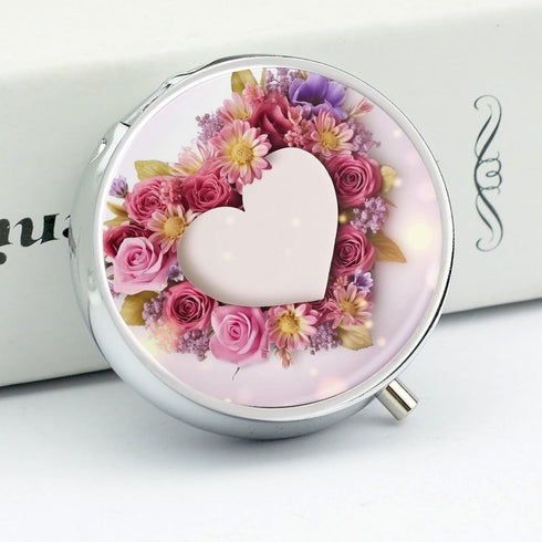 JEKYQ 3 Pillbox Pill Box Pill Case for Woman Weekly Pill Organizer with Compartments Card Heart Shape Flowers Small