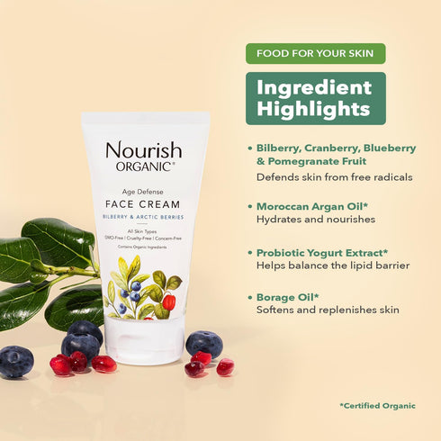 Nourish Organic Face Cream - Bilberry & Arctic Berries, Age Defense Formula with Aloe Vera, 1.7 Oz + Washable Cotton