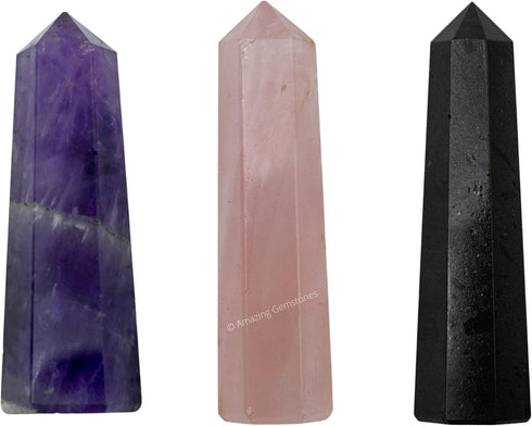Amazing Gemstone Set of 3 Crystal Towers - Amethyst, Rose Quartz, Black Tourmaline for Reiki Healing (2 Inch to 3 Inch)