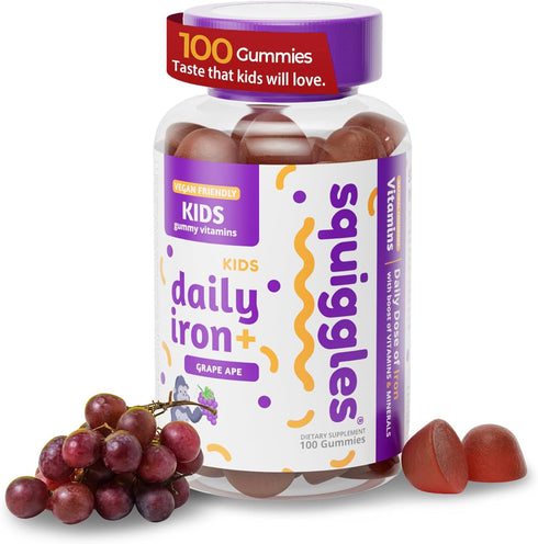 Squiggles Kids Daily Iron+ Gummies, Vegan Chewy Vitamin with Iron, Low Sugar, Grape Flavor, 100 Gummies