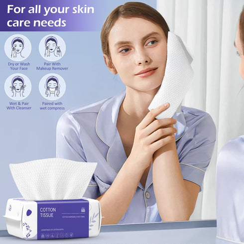 100 Count Disposable Face Towel, Soft Cotton Dry Wipes for Washing, Cleansing, and Makeup Removal