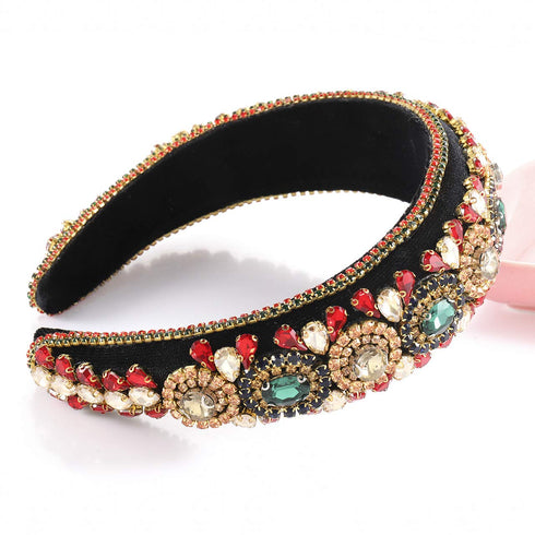 Padded Rhinestone Headband, Bejewelled Crystal Velvet Wide Hairband Party Headwear for Women Girls (Big Rhinestone)