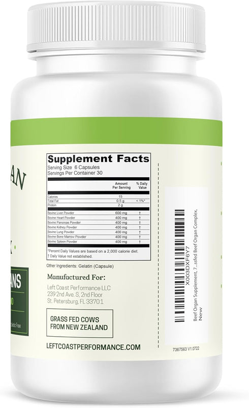 Beef Organ Supplement Grass Fed - 7 Beef Organs Complex from New Zealand - Liver, Heart, Pancreas, Kidney, Lung, Spleen, Bone Marrow - Non-GMO, No Fillers, Hormone & Antibiotic Free - Carnivore Diet