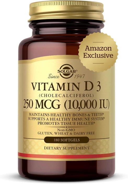 Solgar Vitamin D3 Cholecalciferol 250 MCG 10000 IU Softgels, Non-GMO, Gluten, Dairy Free, 180 Count - Immune System