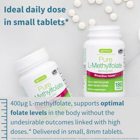 Pure Folate 400mcg: Optimized Methylfolate, Clean Label, 180 Small Tablets, Vegan & Hypoallergenic Supplement for Health