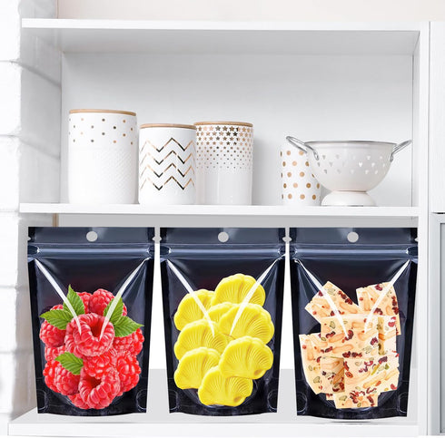100PCS Resealable Mylar Food Storage Bags, Black Smell Proof Foil Bags with Clear Front