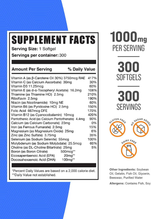 BulkSupplements.com Multivitamin for Men Softgels - Daily Multimineral Supplement with Fish Oil, 300 Count