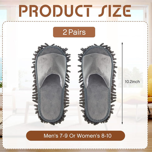 2 Pairs Microfiber Cleaning Mop Slippers, Washable Unisex Dusting Shoes for Floor Cleaning, Gray, Medium