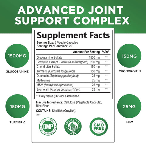 Glucosamine Chondroitin MSM Complex - Joint Support Supplement Turmeric & Boswellia, Triple Strength Glucosamine Capsules - Support for Joint Health & Mobility with Quercetin Bromelain - 60 Capsules