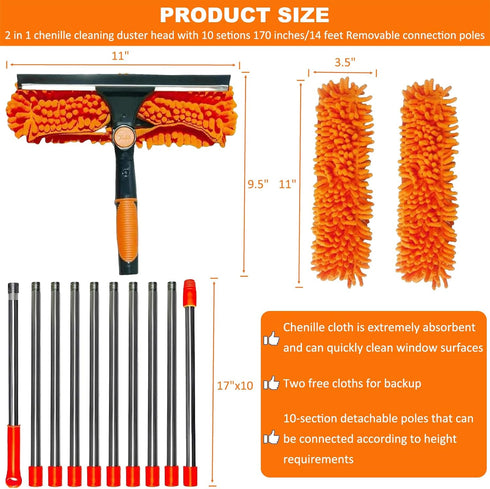 20+ Feet Reach 2 in 1 Window Washing Squeegee & Duster with 3-14 ft Spliceable Extension Pole // Window Cleaning Tool & Window Washer Squeegee for Home Indoor Outdoor Window Washing